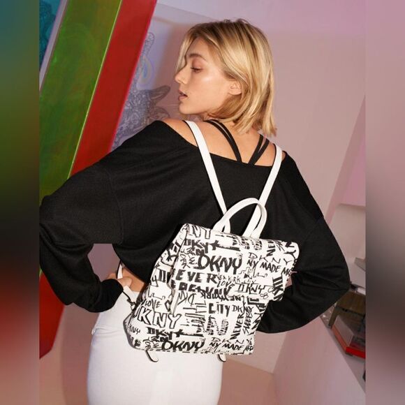 DKNY Graffiti x Punk x Streetwear Tilly Medium Foldover Backpack White/Black NWT - Picture 1 of 9